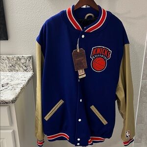 Authentic Mitchell & Ness Knicks Varsity Jacket - Blue and Tan